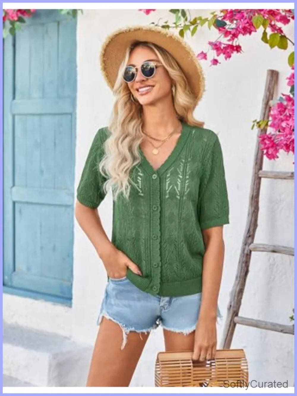 Crochet Short Sleeve Cardigan Lightweight Shrug V-Neck Button Front